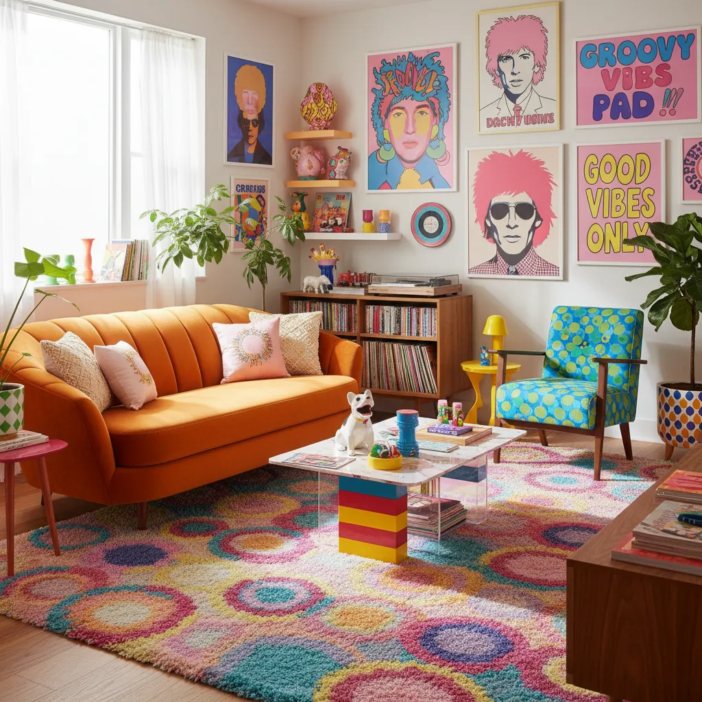 Vibrant living room with orange sofa colorful patterned rug pop art posters and blue chair