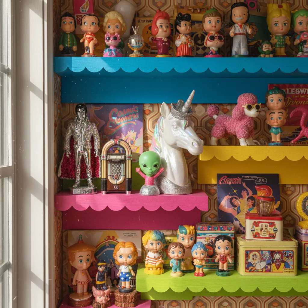 Colorful shelves filled with retro toy figurines including a unicorn alien and various plastic dolls