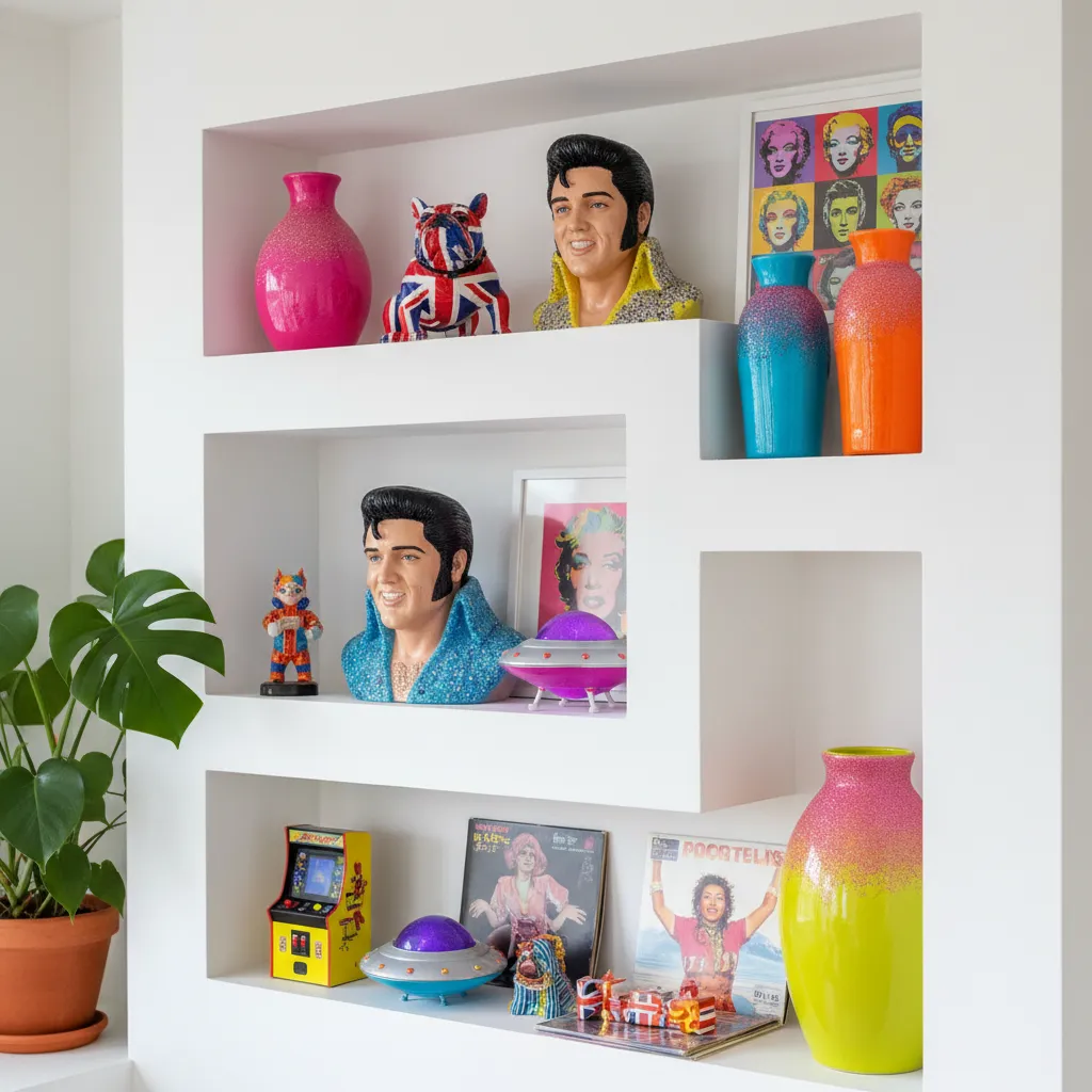 Colección de objetos decorativos kitsch con colores brillantes