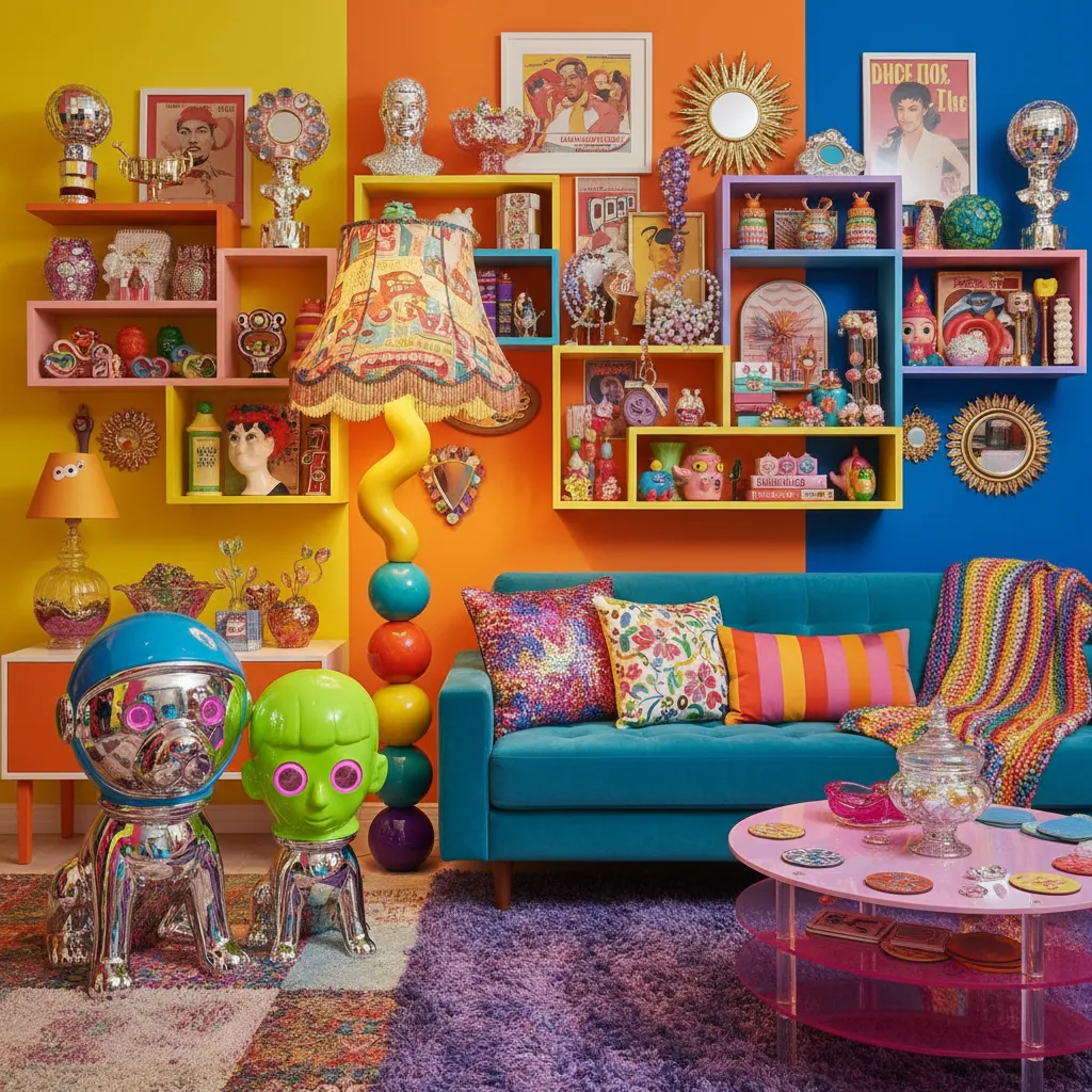 Decoración kitsch con lámpara extravagante y objetos pop