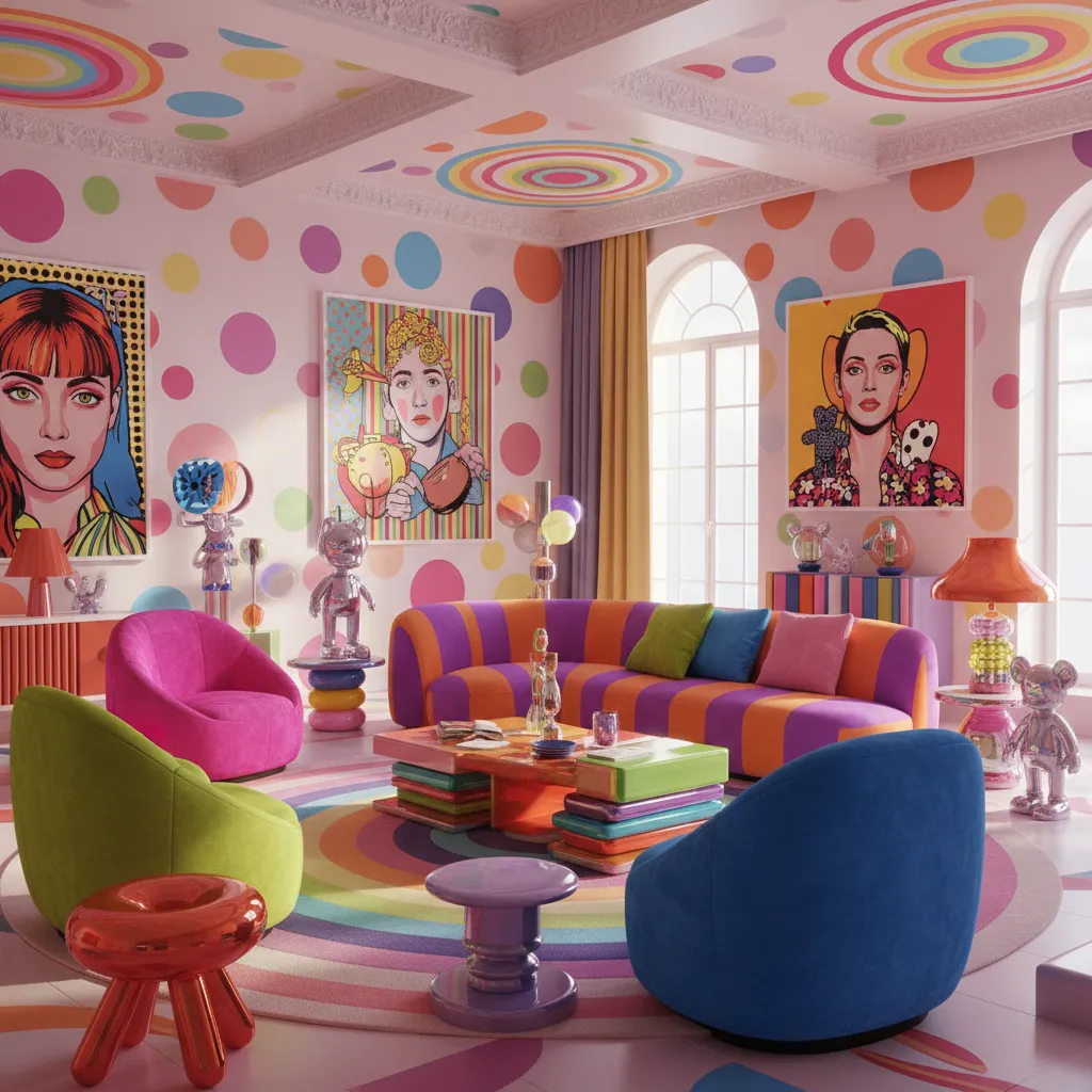 Render 3D de un interior con decoración kitsch colorida