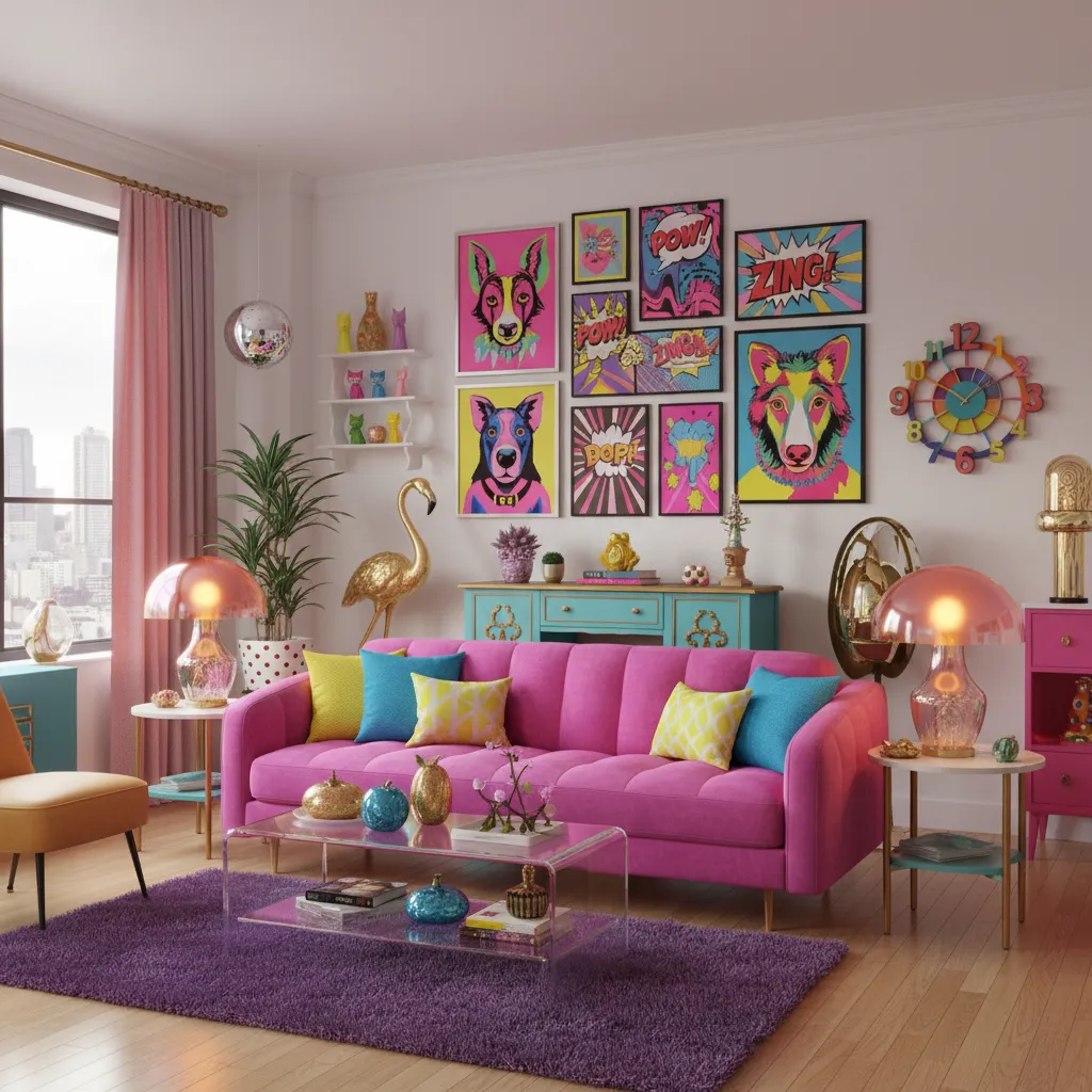 Vibrant pink living room with purple rug pop art dog wall decor and pink curtain