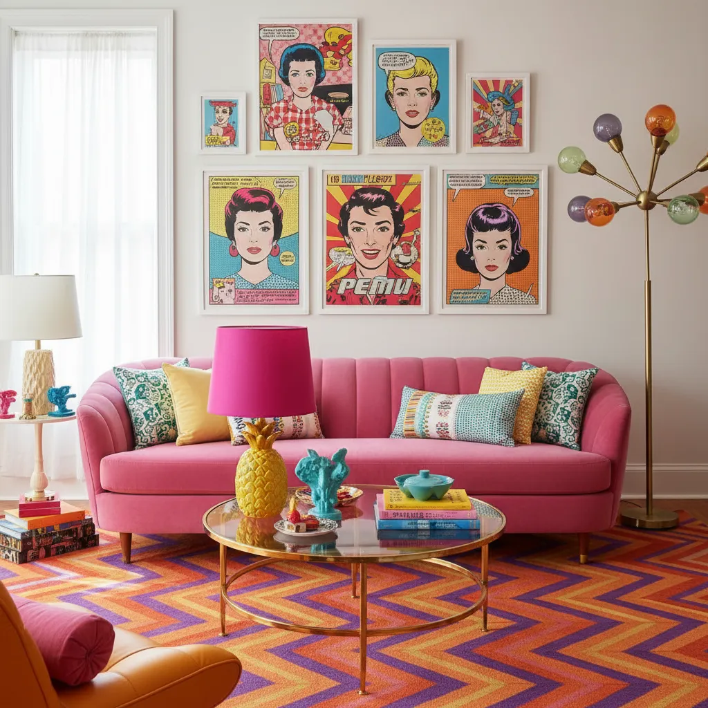 Salón moderno con sofá rosa y decoración pop art en estilo kitsch