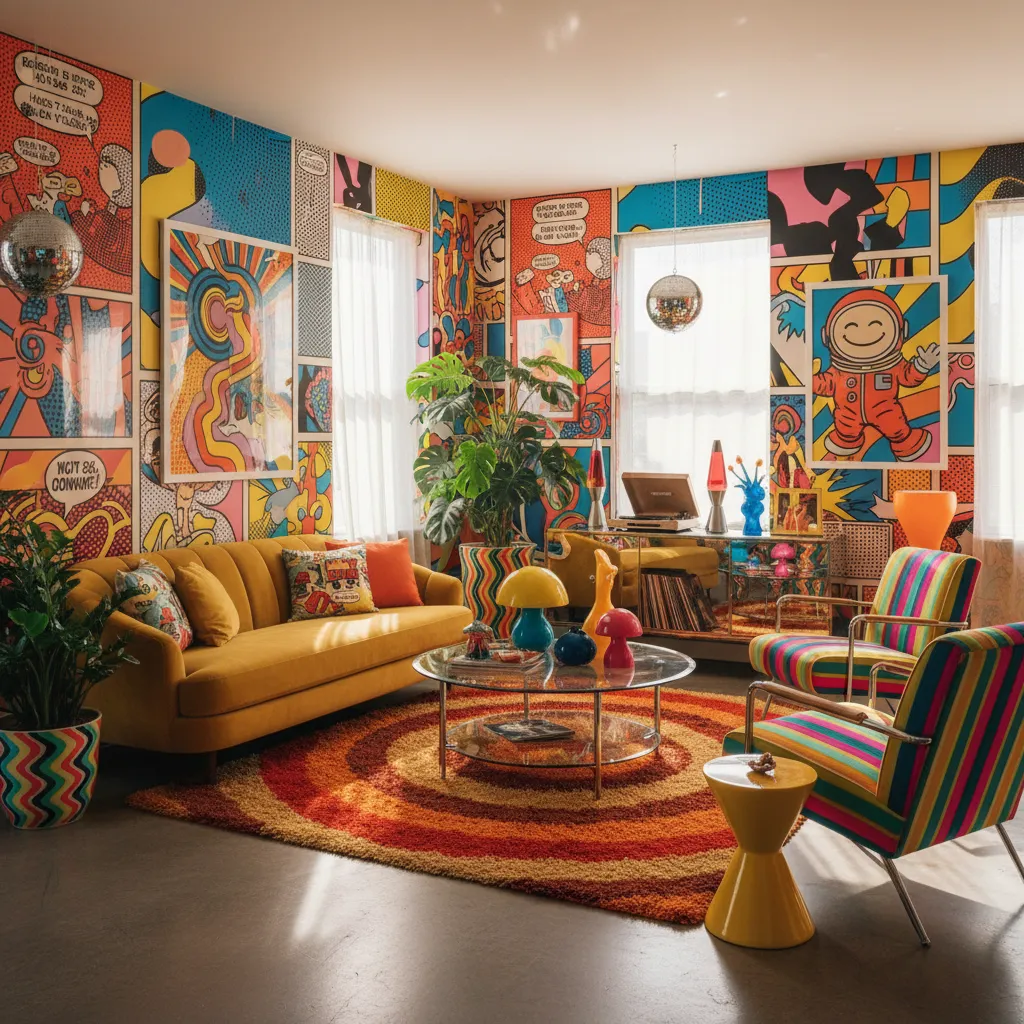 Interior con arte pop y muebles retro en estilo kitsch