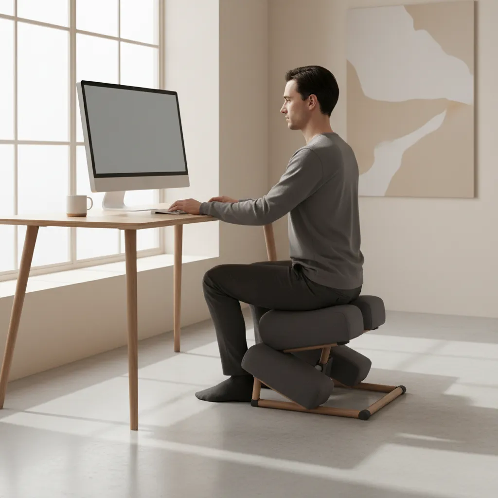 Person using kneeling chair with shin support at desk