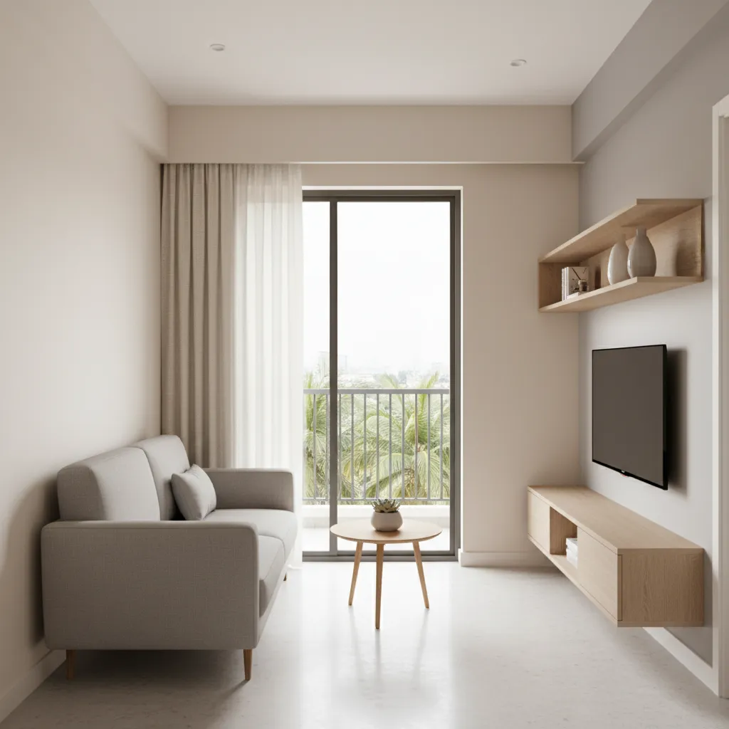 Living room layout design for a compact 2 BHK apartment