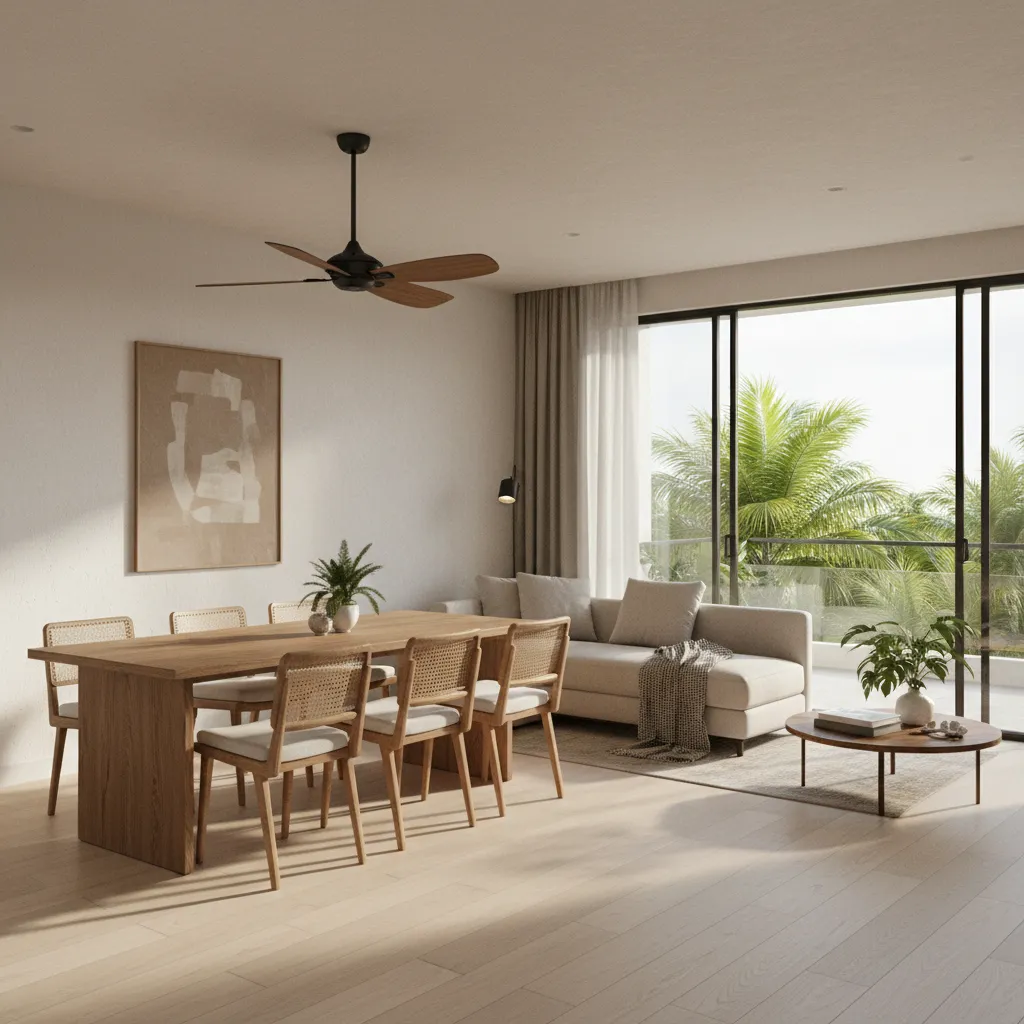 Open living and dining layout inside a modern Kochi apartment