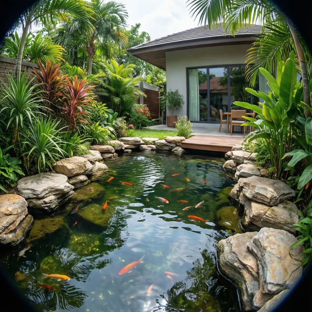Kolam ikan kecil dengan batu alam di taman belakang rumah