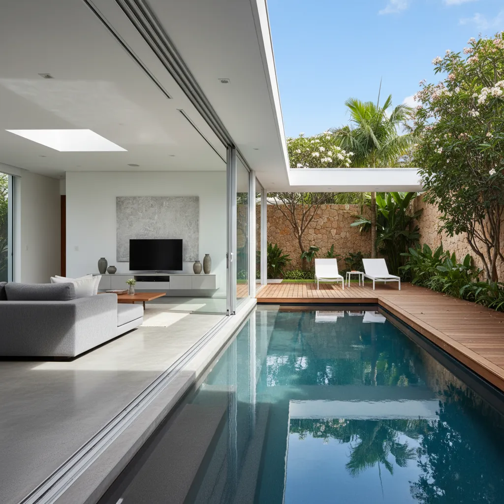 Kolam renang di halaman belakang rumah modern