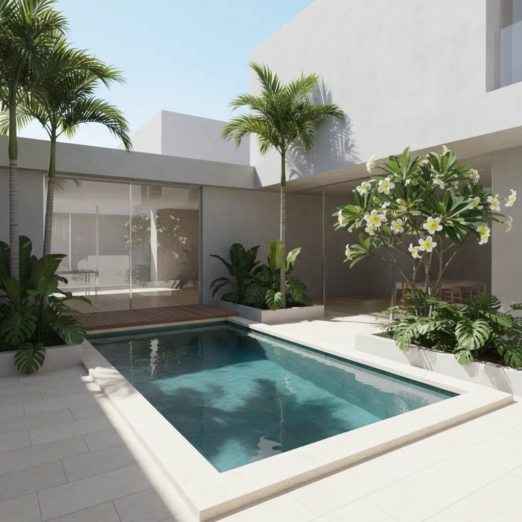 Small rectangular swimming pool in a white courtyard with green plants and tropical palm trees