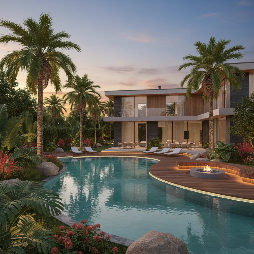 Luxury two-story house with curved outdoor pool wooden deck fire pit and tall palm trees
