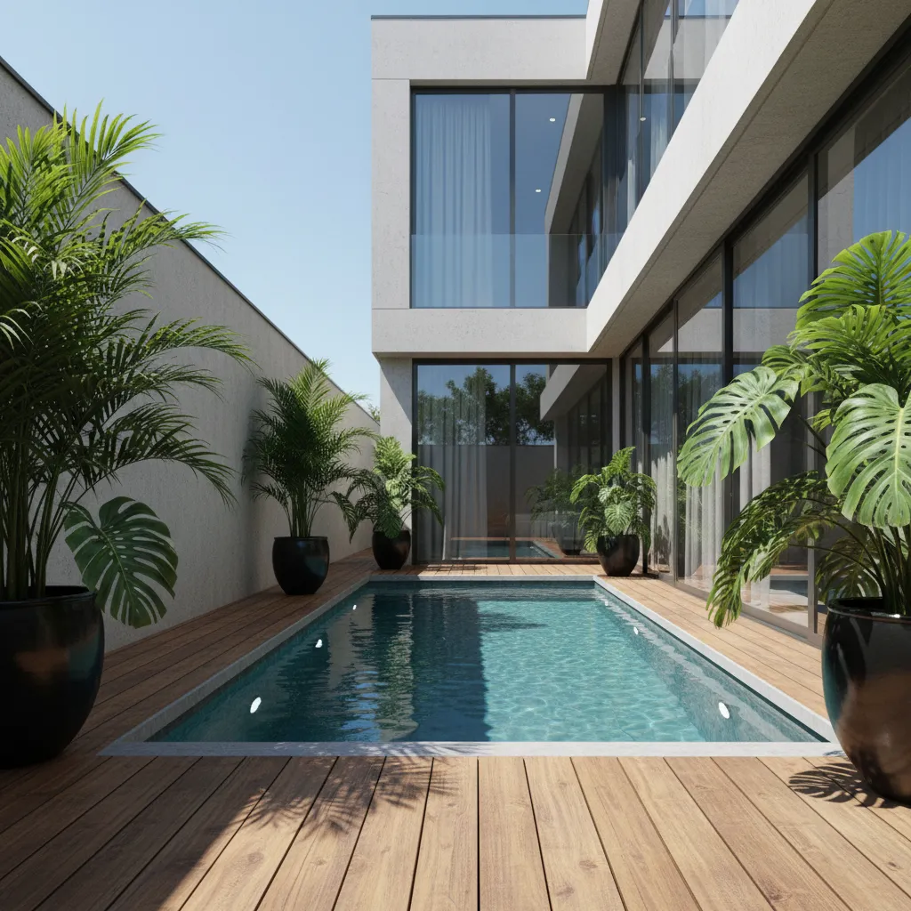 Small minimalist backyard swimming pool with wooden deck surrounded by green potted plants and walls