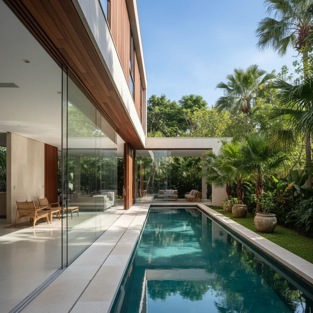 Luxury modern house with glass walls facing a long narrow swimming pool and green plants