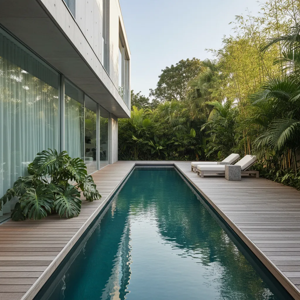Modern lap pool with wood deck and white lounge chairs surrounded by lush green plants
