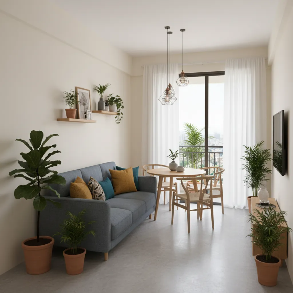 Compact 2 BHK Kolkata living room interior with sofa and small dining area