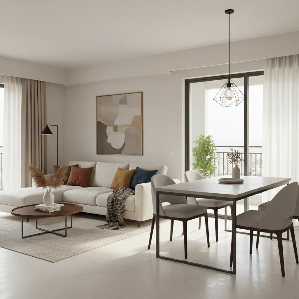living and dining layout inside a modern Kolkata 3 BHK apartment