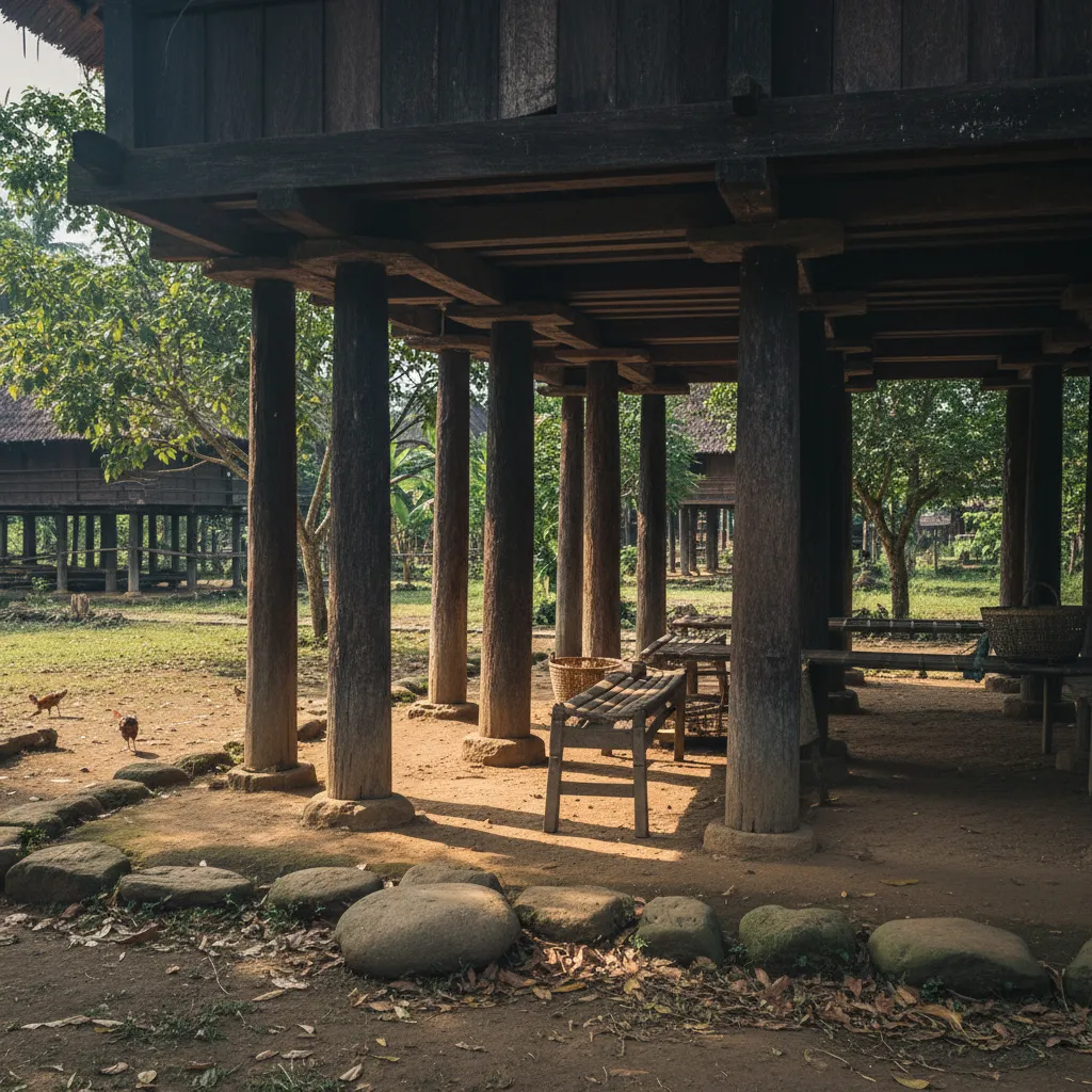 Bagian kolong rumah Bolon dengan tiang kayu tinggi