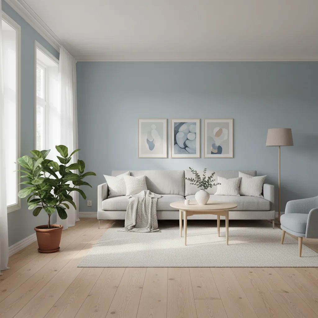 Interior rumah biru muda dengan lantai kayu alami