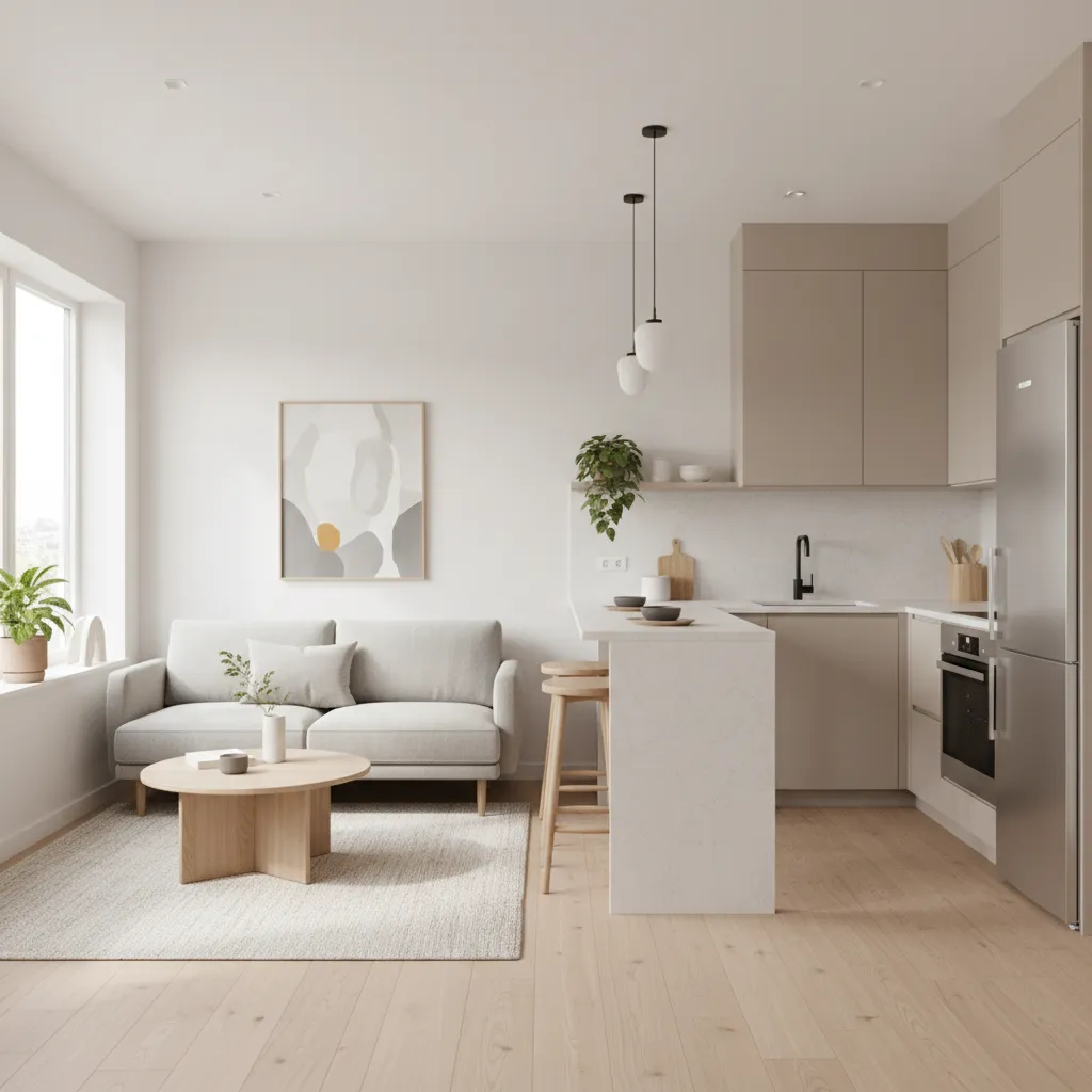 Modern open plan living room with grey sofa, wooden floor, beige cabinets, and natural light