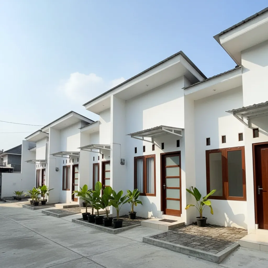 Row of modern minimalist white houses with small green plants in front and clear sky