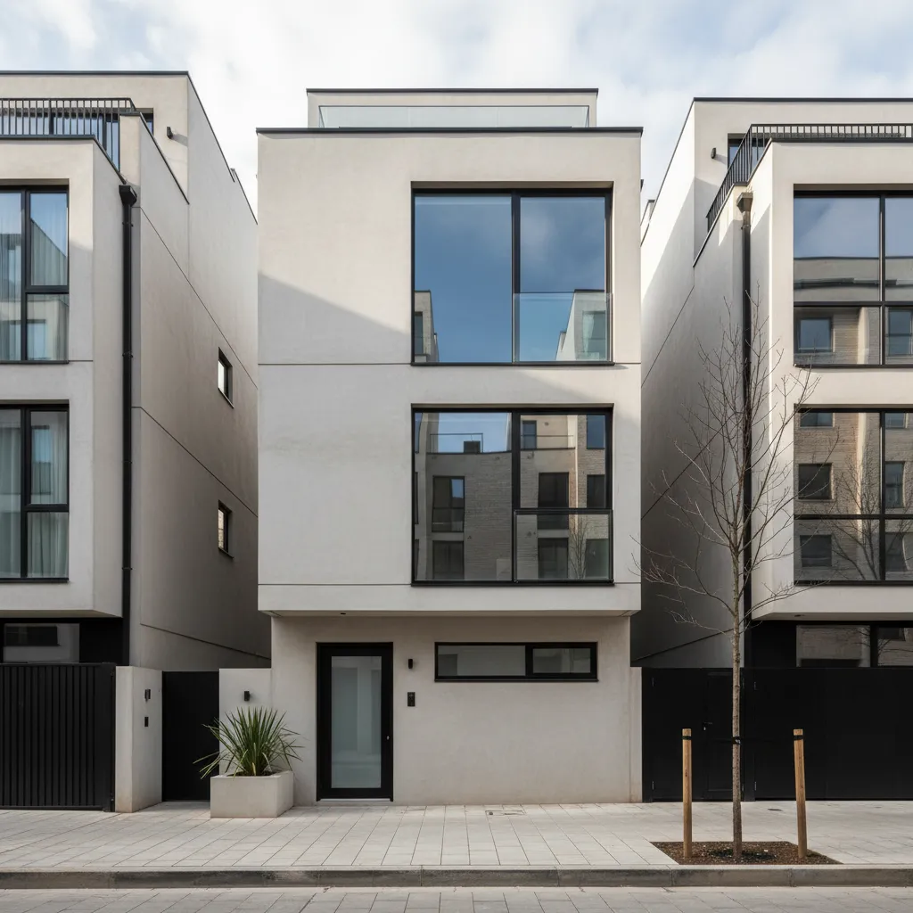 Modern four story white house exterior with black windows flat roof and a small tree