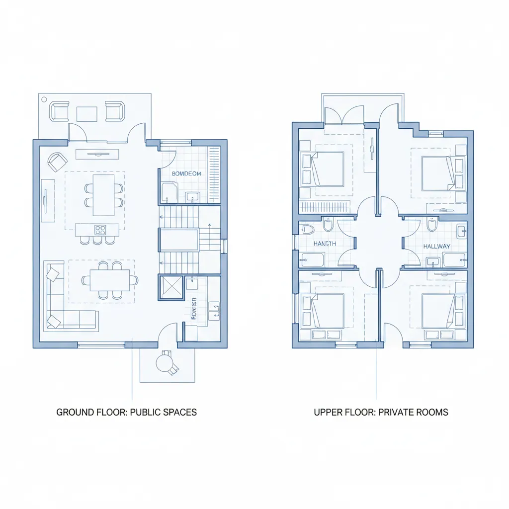 Floor plan showing ground floor public spaces and upper floor private rooms with four bedrooms
