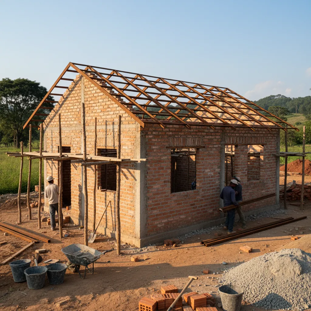 Proses pembangunan rumah kecil dengan material sederhana