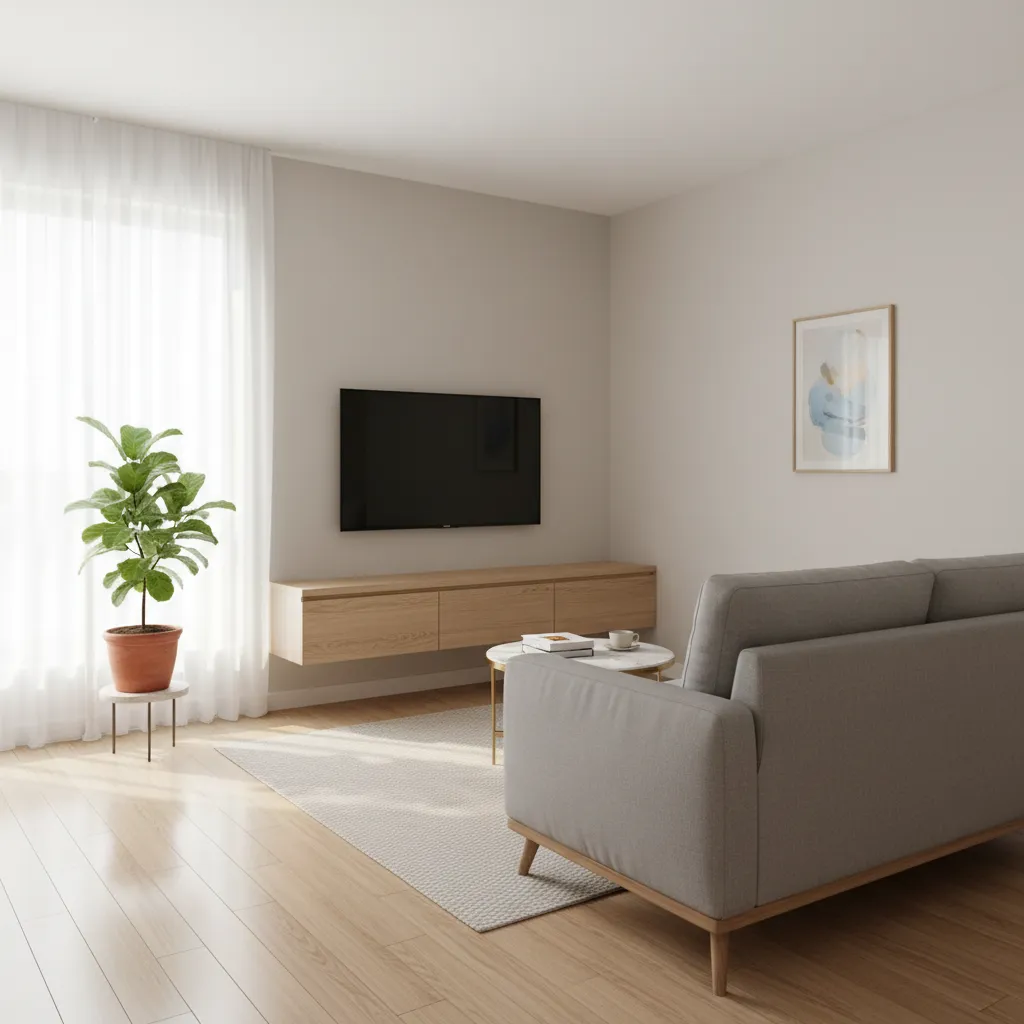 compact living room layout in a Koramangala 1 BHK apartment with minimalist sofa and wall mounted tv