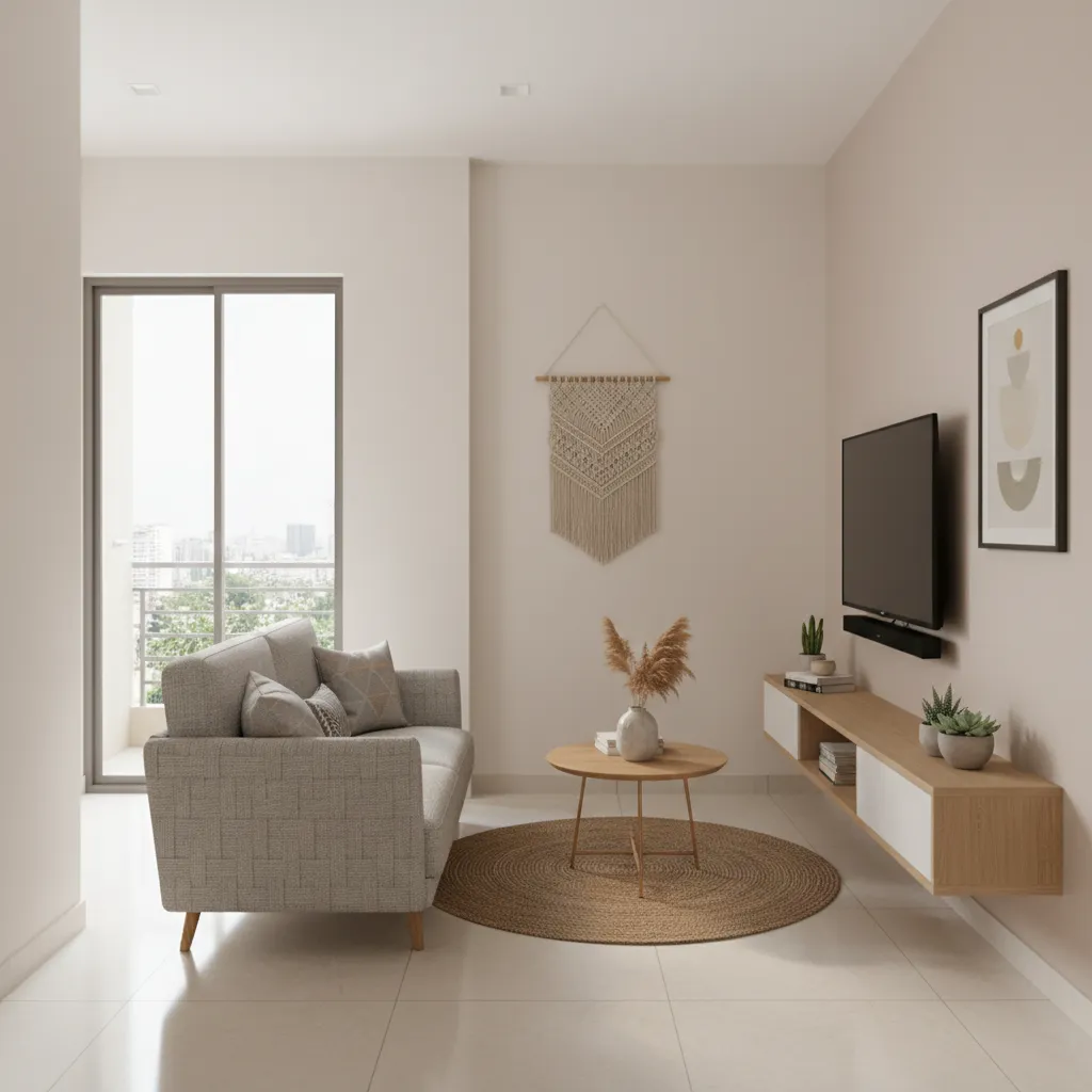 Compact modern living room design in a Koramangala 2 BHK apartment