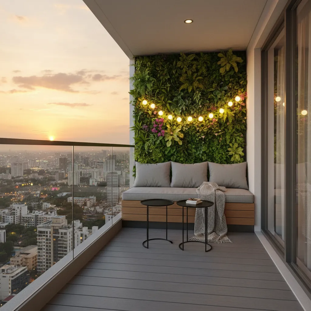 Small apartment balcony with plants and seating in Bangalore
