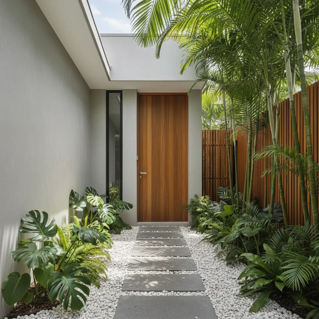 Koridor samping rumah dengan taman kecil menuju pintu utama
