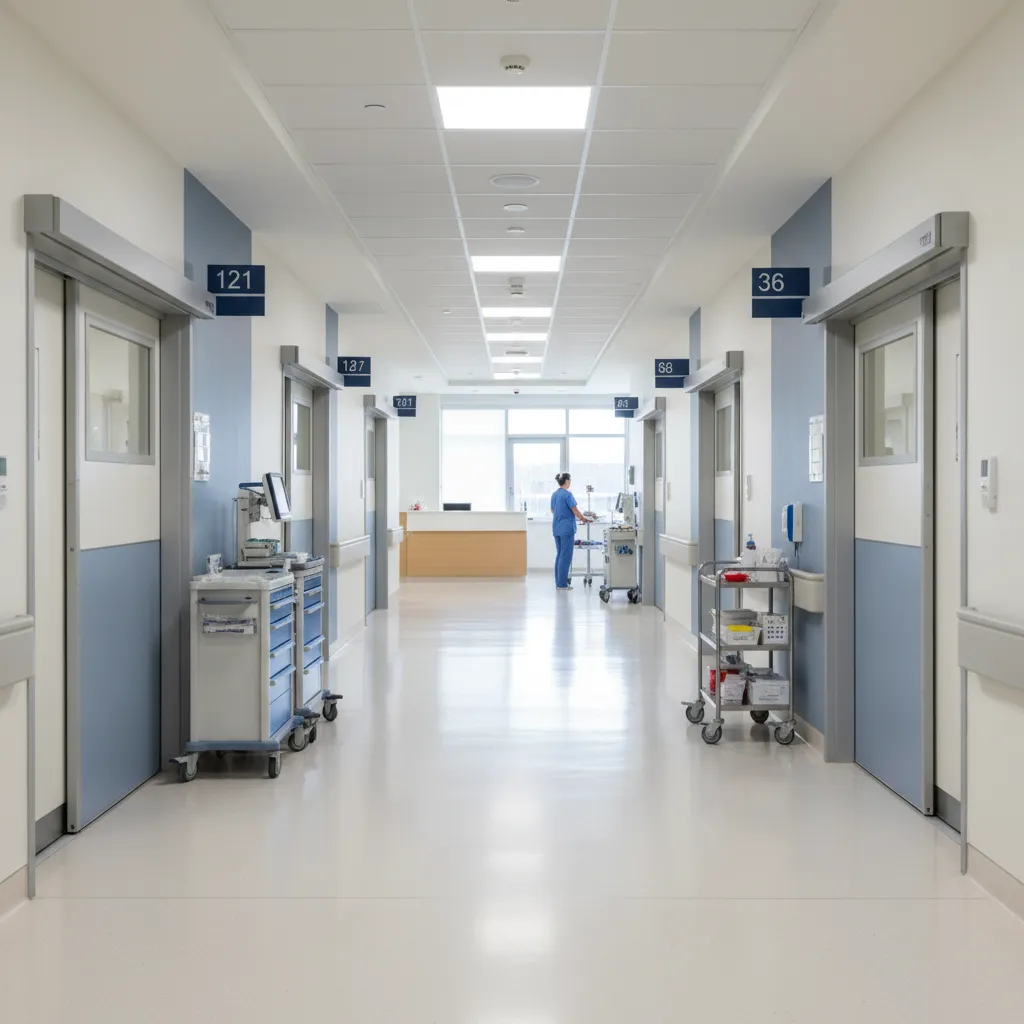 Bright hospital hallway featuring blue doors medical supply carts and a nurse at the end
