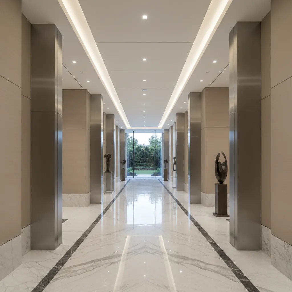 Modern long hallway with marble floor tan walls metal pillars sculptures and view through windows