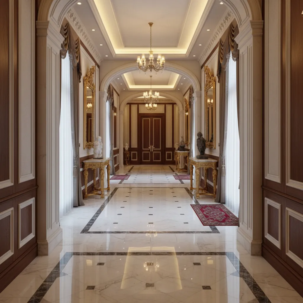 Koridor panjang di dalam rumah besar mewah