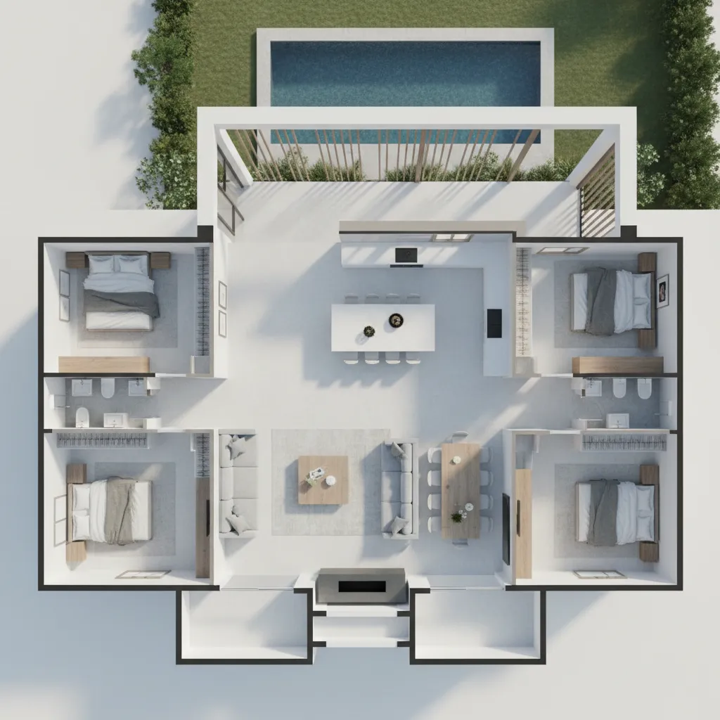Modern interior design drawing showing four bedrooms living area kitchen dining and an outdoor pool