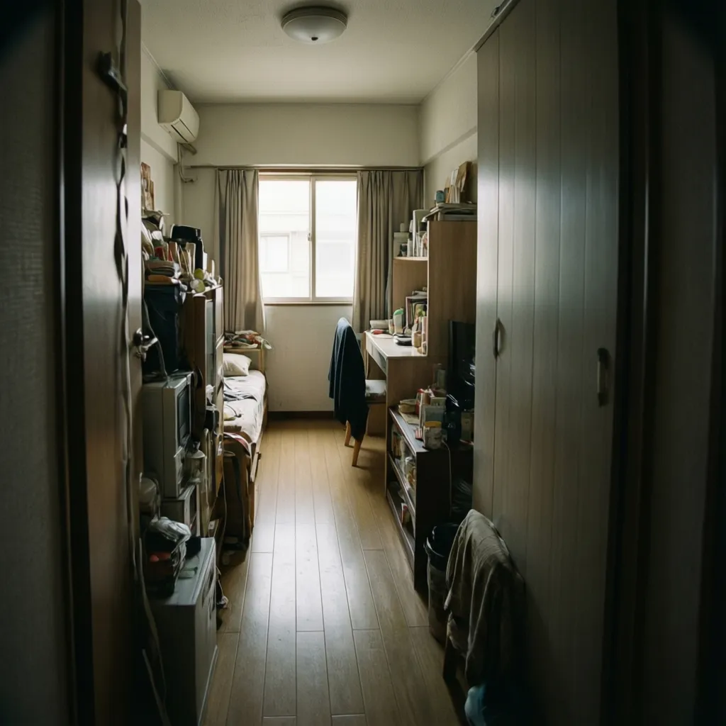 Small narrow bedroom with wooden floor, single bed, desk, storage cabinet, large wardrobe, and window