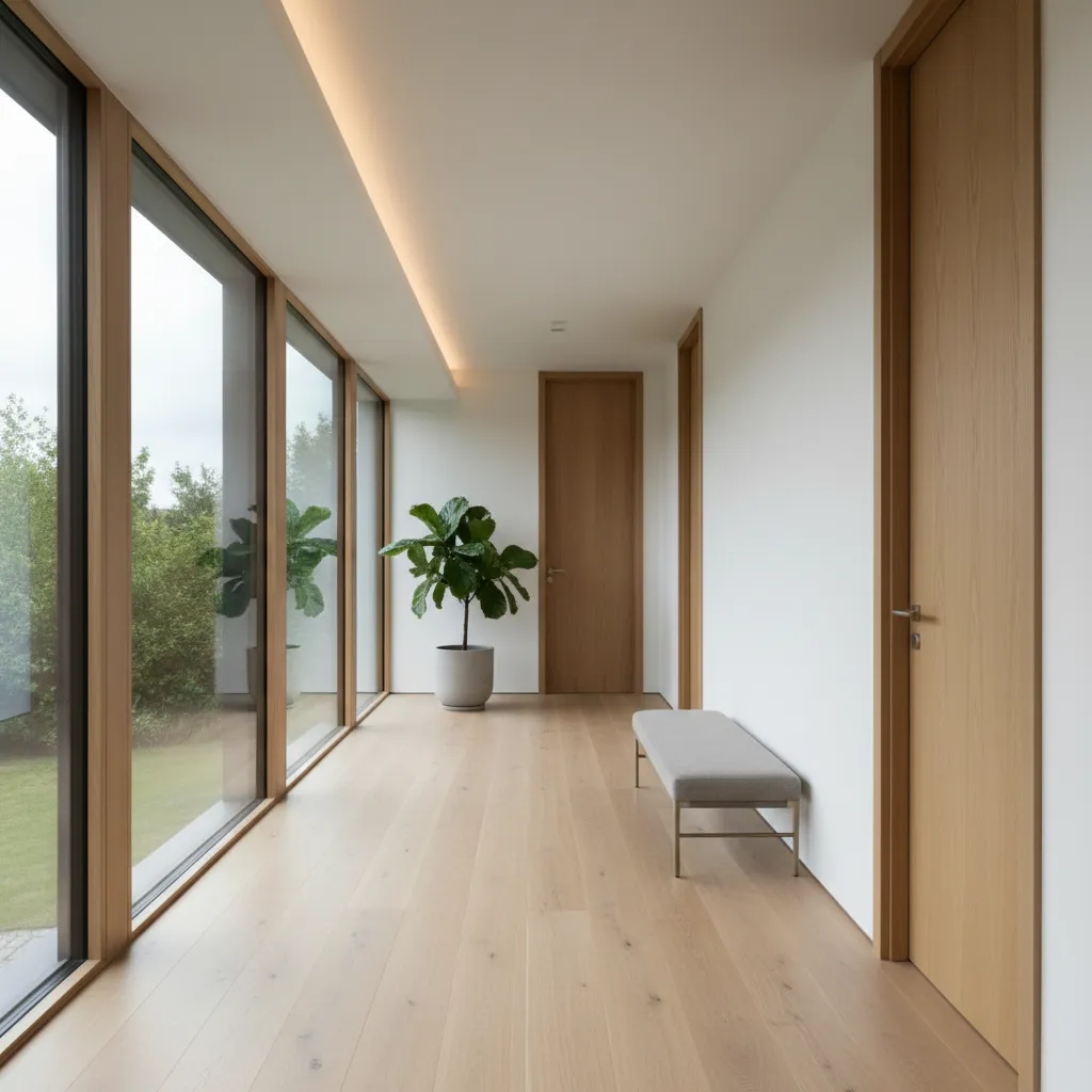 Minimalist hallway with wood floors large windows a green plant in pot and a bench