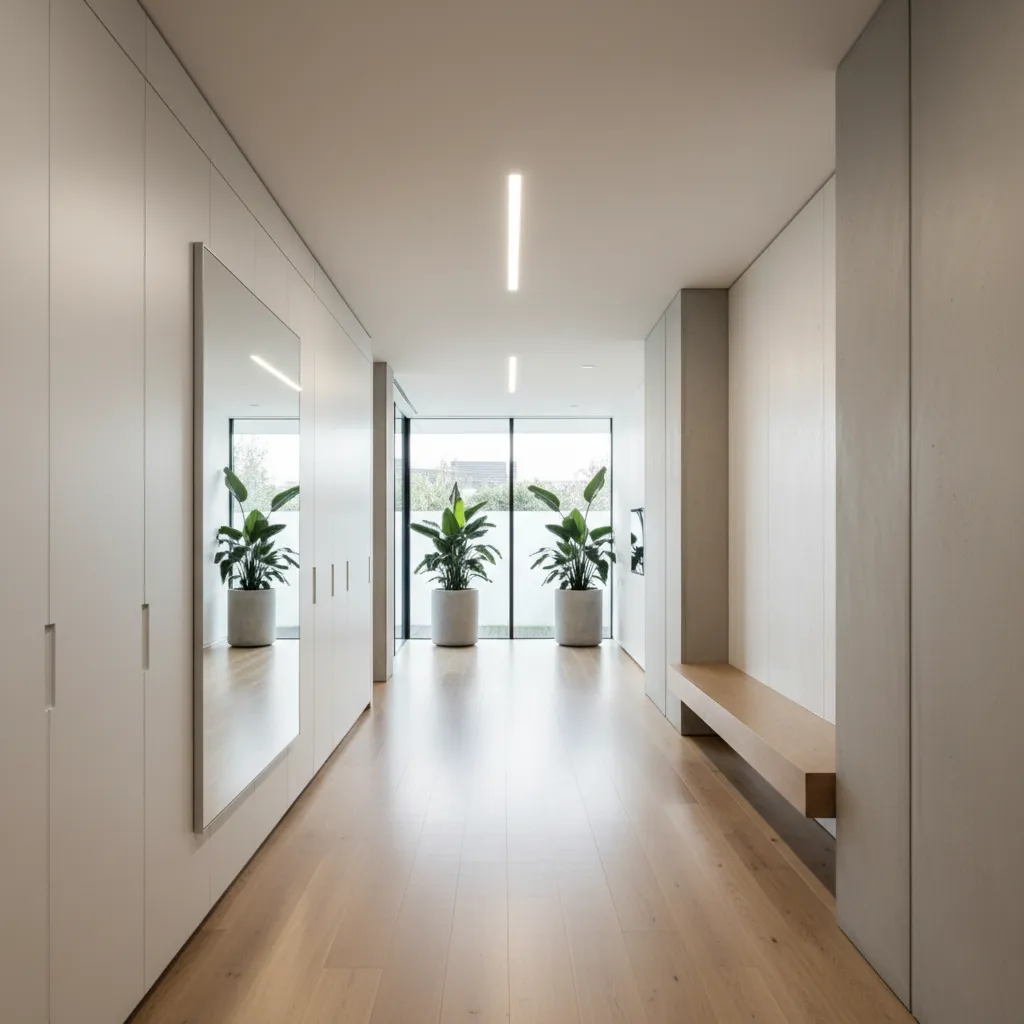 Minimalist white hallway featuring long cabinets, large mirror, wooden floor, and two green potted plants