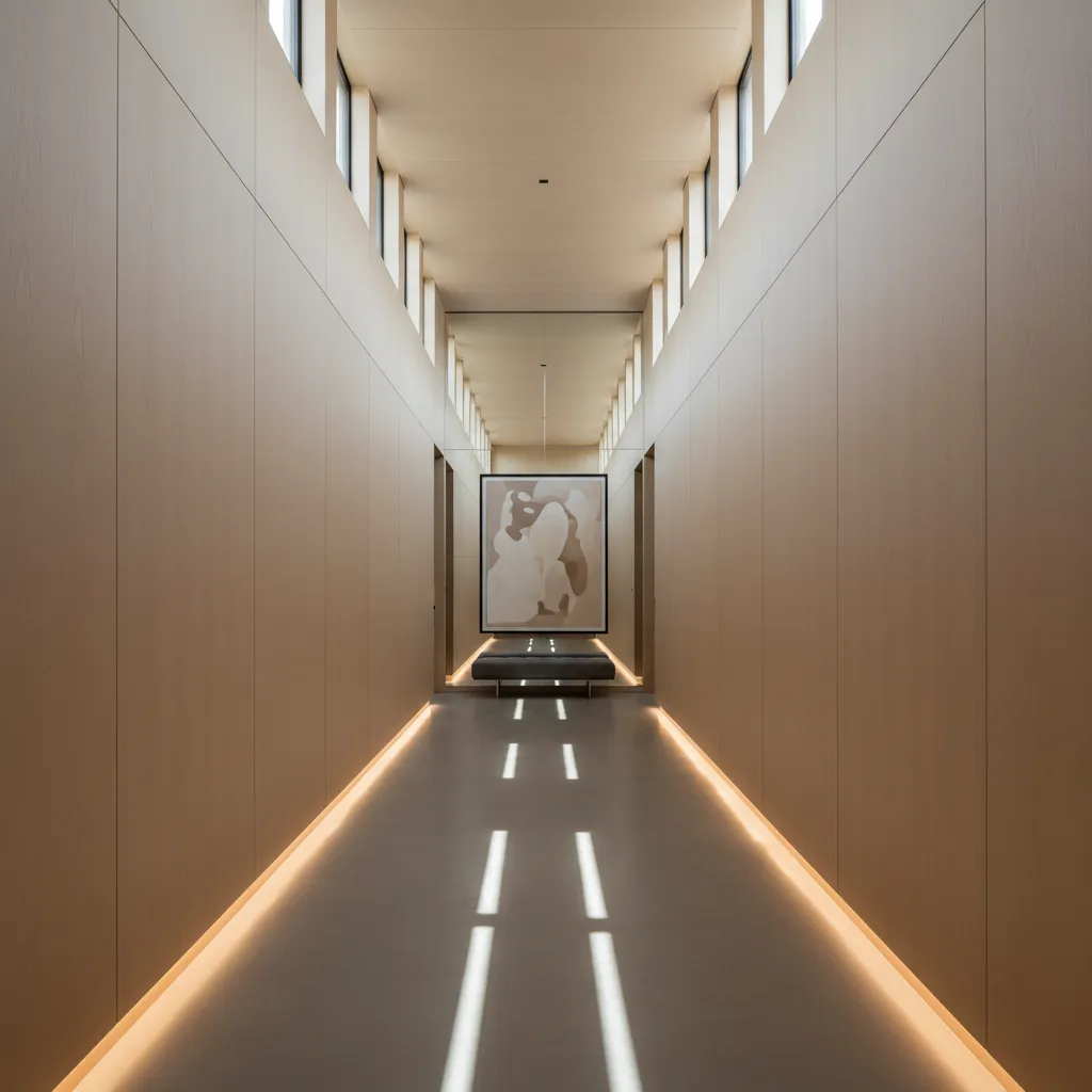 Interior design drawing of a long narrow hallway with wood wall panel and floor lighting