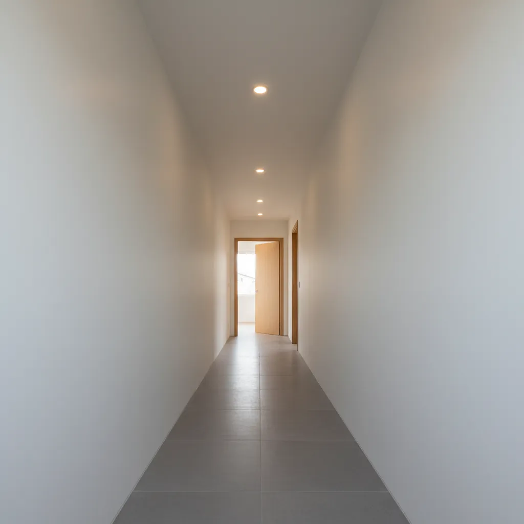 Narrow white hallway with grey floor tiles and small ceiling lights leading to a door