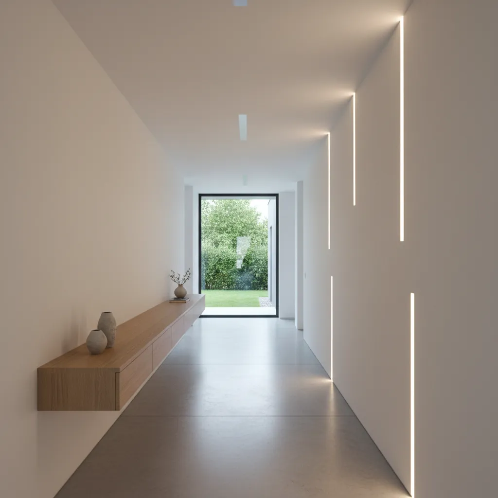 Minimalist white hallway with wooden cabinet vertical light strips and garden view through glass windows