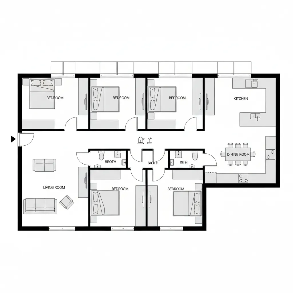Black and white floor plan showing a long layout with five bedrooms and open kitchen