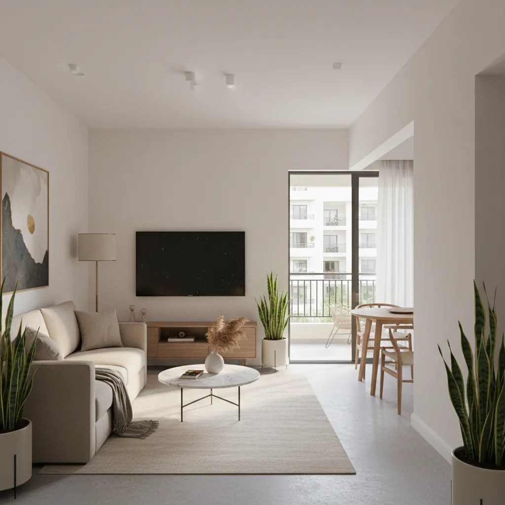Well planned living room layout in a compact 2 BHK apartment