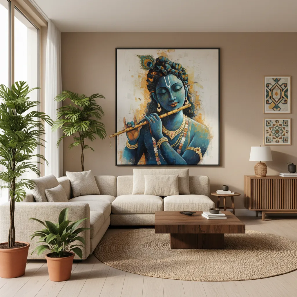 Modern living room with Krishna painting above sofa