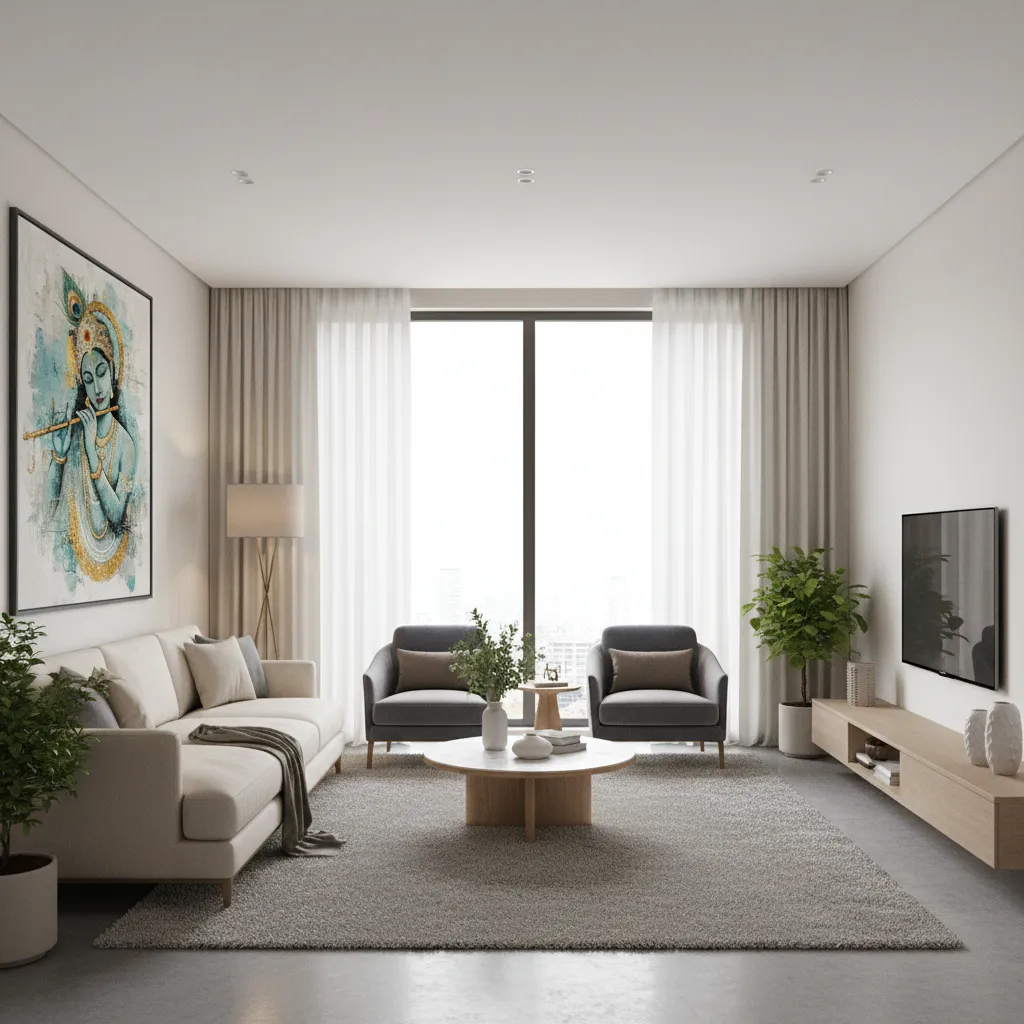 Modern apartment living room with colorful wall art, white sofa, grey chairs, and big windows