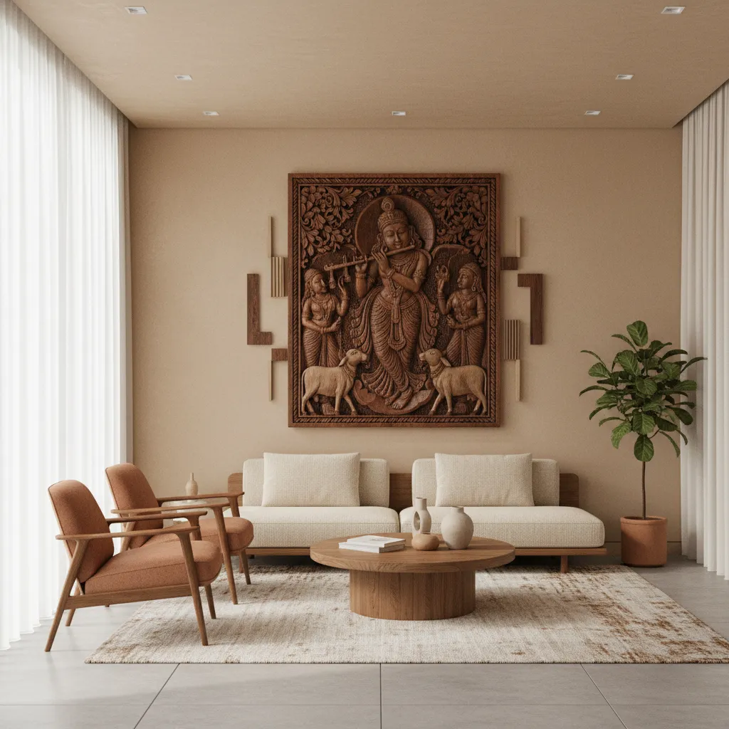 Living room with large wood wall art, beige sofa, orange chairs, rug, and coffee table