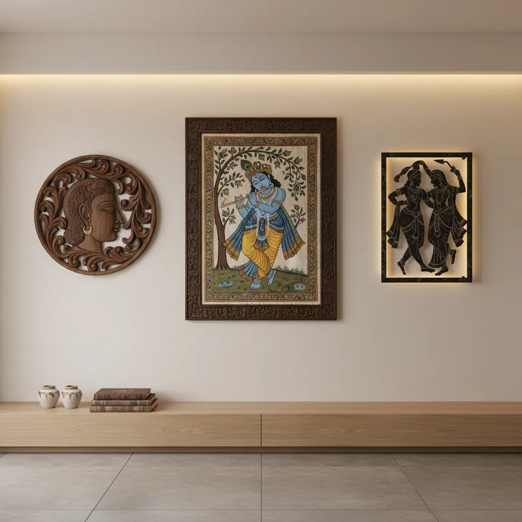 comparison display of fabric wood and metal Krishna wall hangings on interior wall