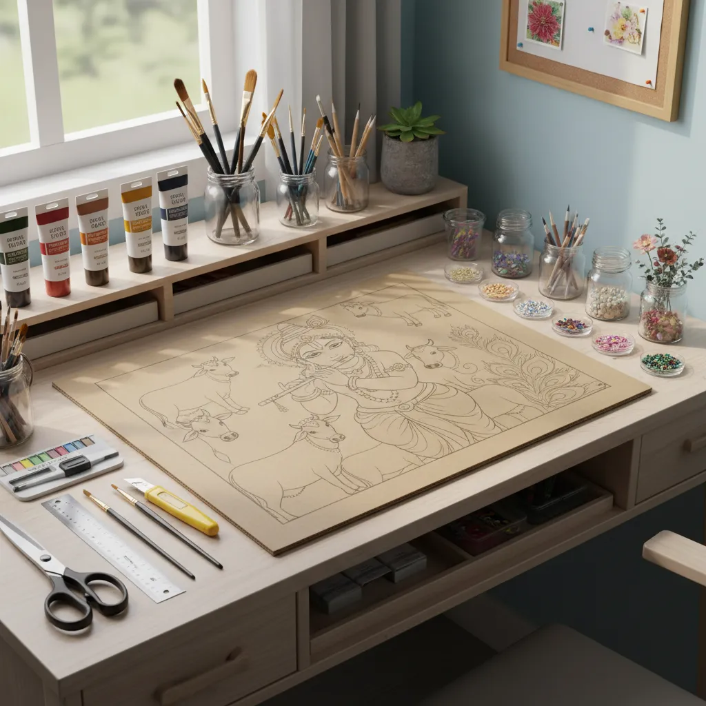 organized craft workspace with materials for Krishna wall hanging DIY