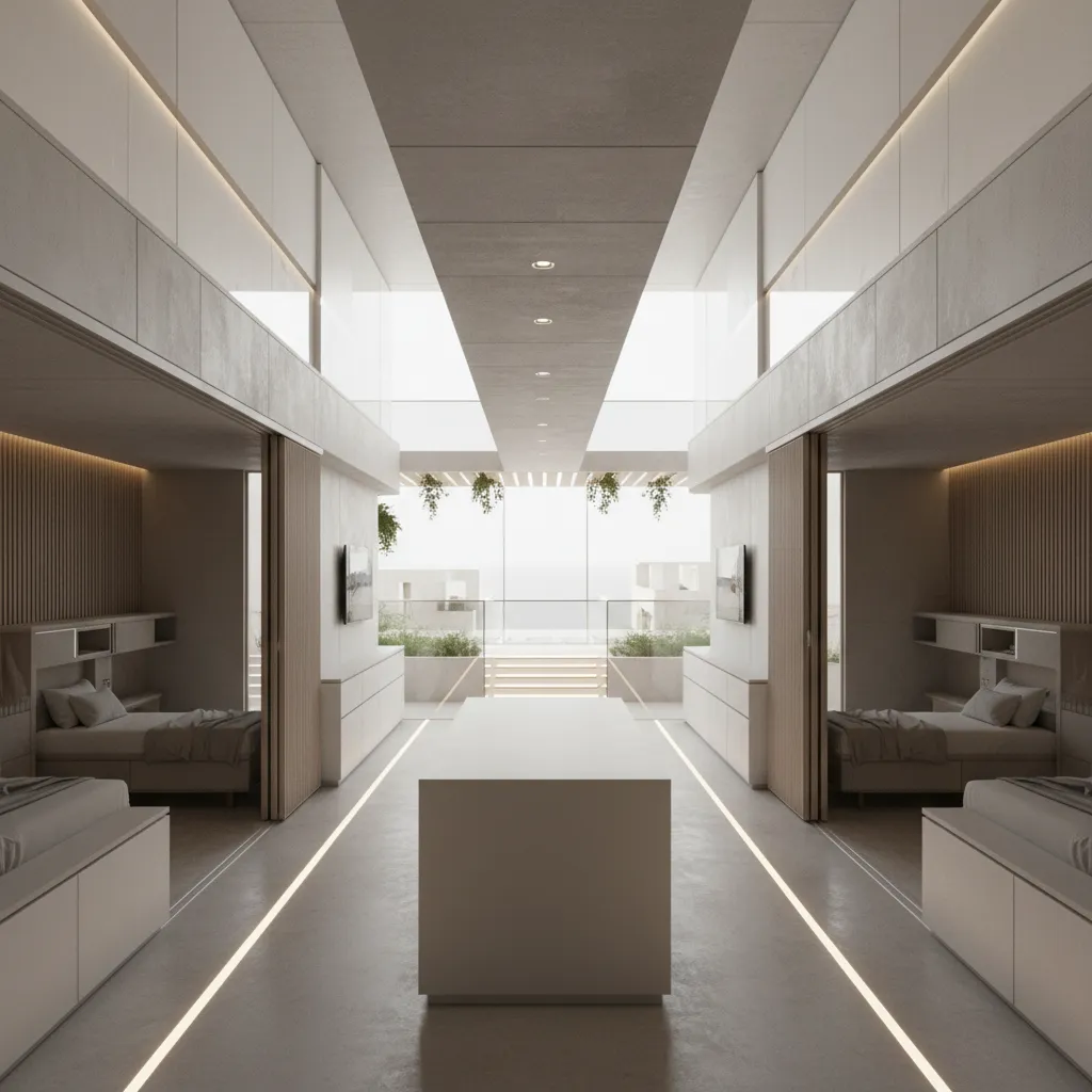 Modern interior design drawing of symmetric bedroom area with beds white walls and long central table
