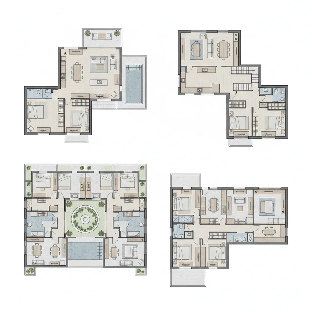 Four house floor plan designs showing various room layouts with bedrooms living areas and kitchens